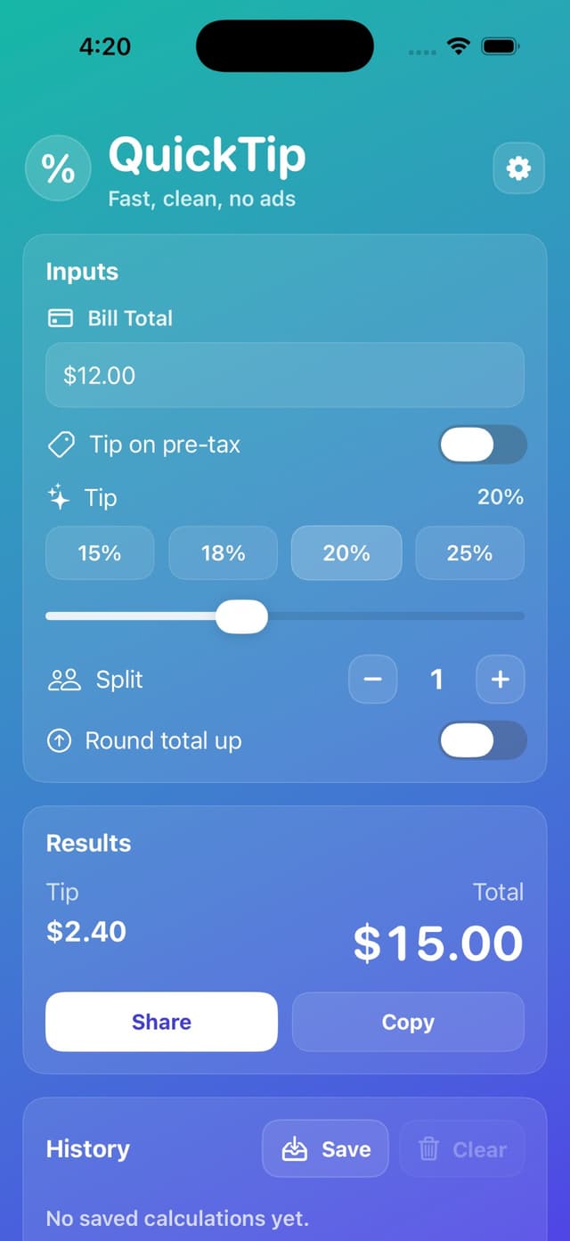 QuickTip iOS App Interface - Tip Calculator with History and Bill Splitting